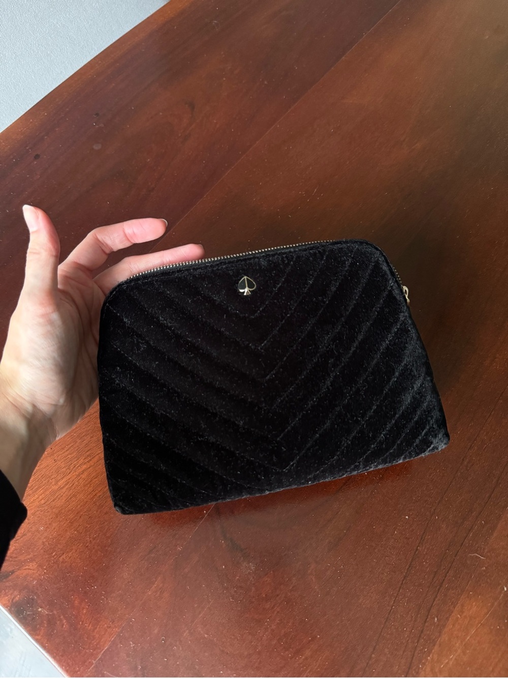 Kate Spade Black Quilted Velvet Cosmetic Pouch with Gold Spade Logo